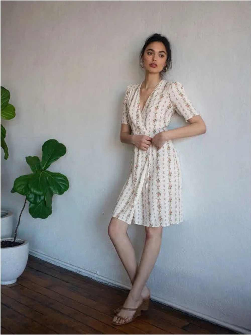 Reformation Floral V-Neck Wrap Dress in Cream